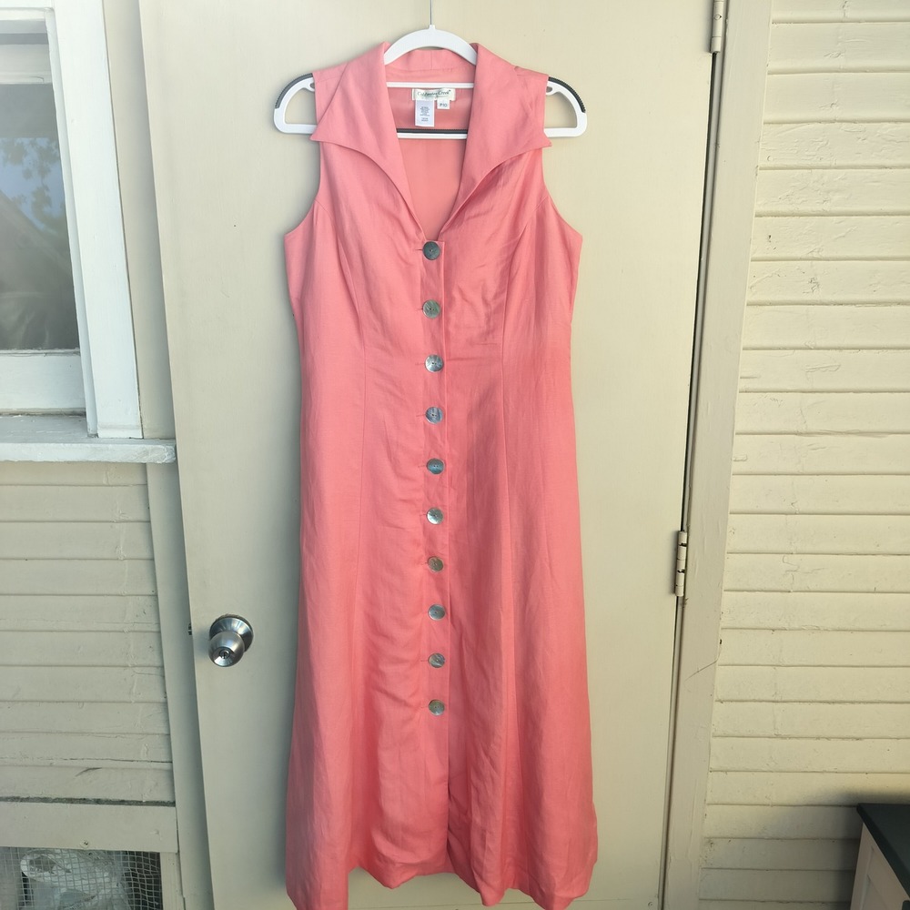 Coldwater Creek Coral Linen Blend Sleeveless Button Front Maxi Dress Petite 10